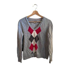 Heritage Collection by Bass Argyle Gray Pink V-neck Sweater Women's Size M